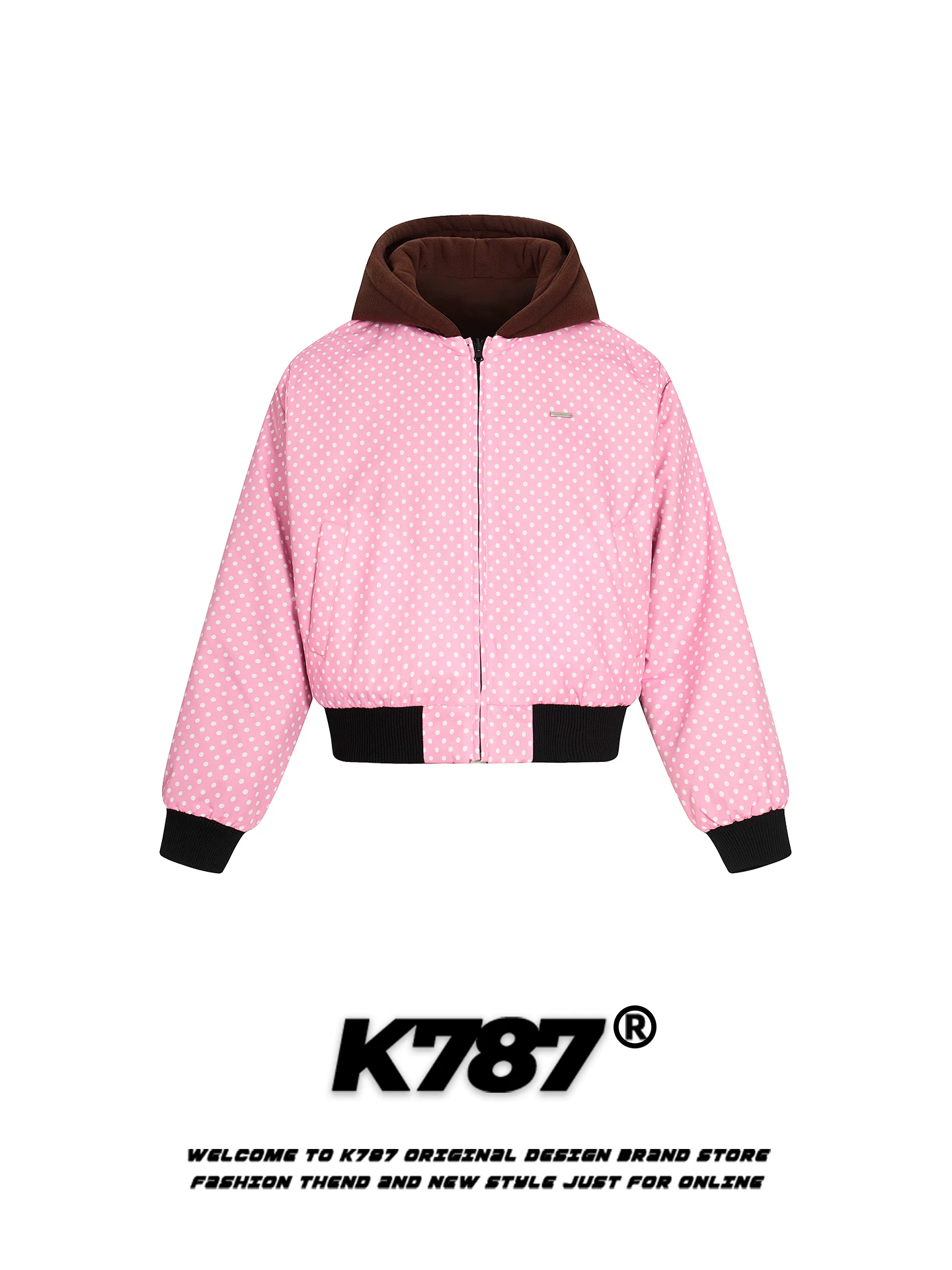 Áo khoác cotton có mũ trùm đầu, họa tiết chấm bi cổ điển kiểu Mỹ K787 dành cho nữ, lót lông cừu, ấm áp, dày dặn, áo khoác cotton ngắn có khóa kéo dành cho mùa đông.