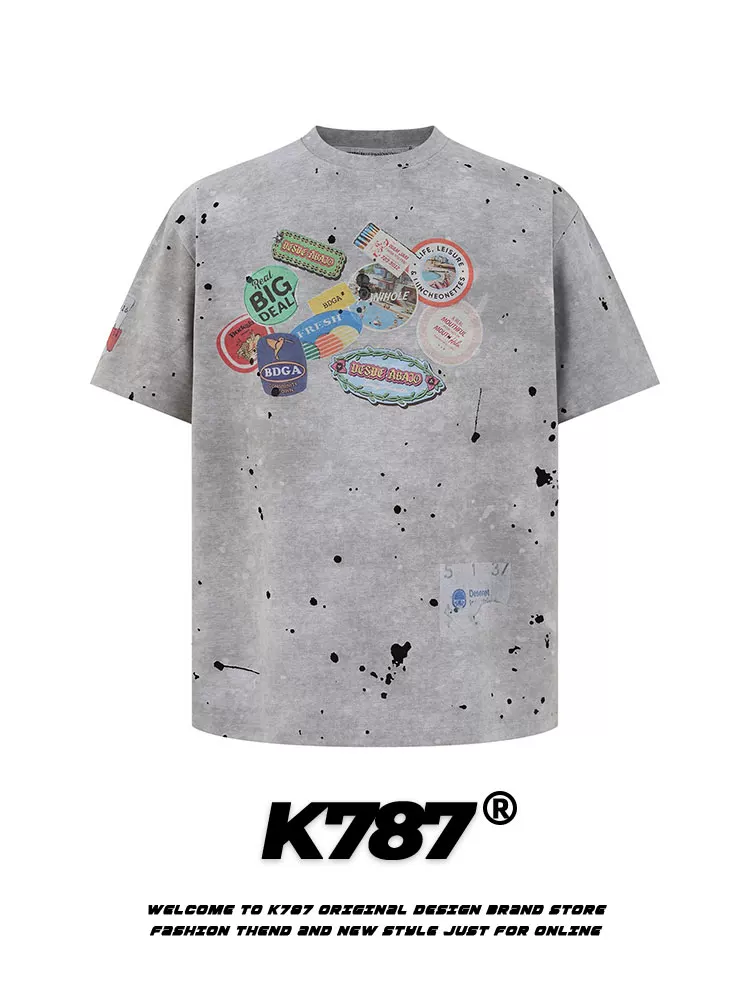 Áo thun ngắn tay phong cách đường phố retro Mỹ K787 dành cho nam và nữ, in hình graffiti vui nhộn, họa tiết phun sơn, nhuộm màu cũ kỹ, áo đôi.