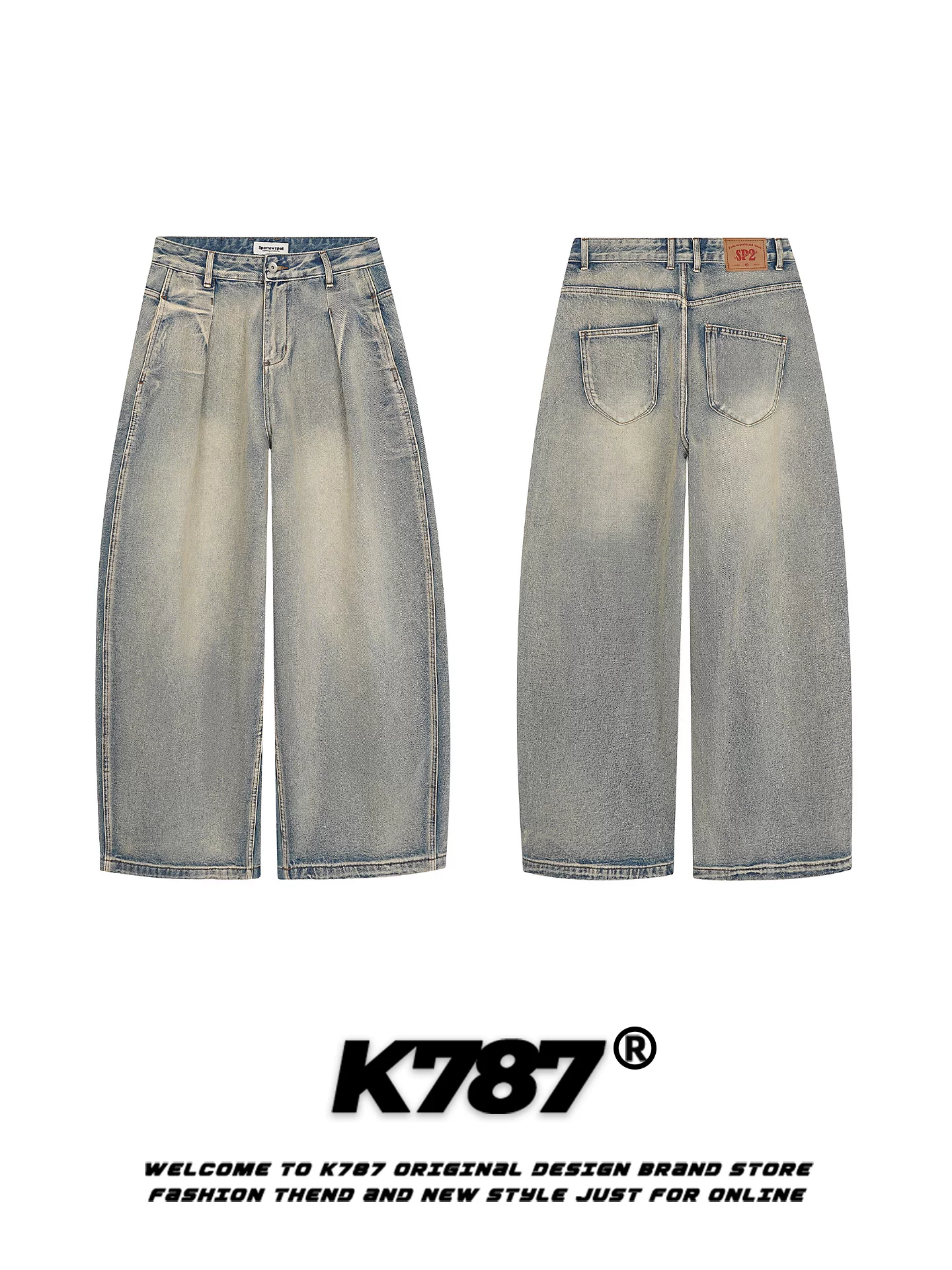 Quần jeans K787 kiểu Mỹ cổ điển, phai màu, dành cho nam và nữ, dáng rộng, tôn dáng, cạp cao, quần ống rộng kiểu scimitar, phong cách thường ngày