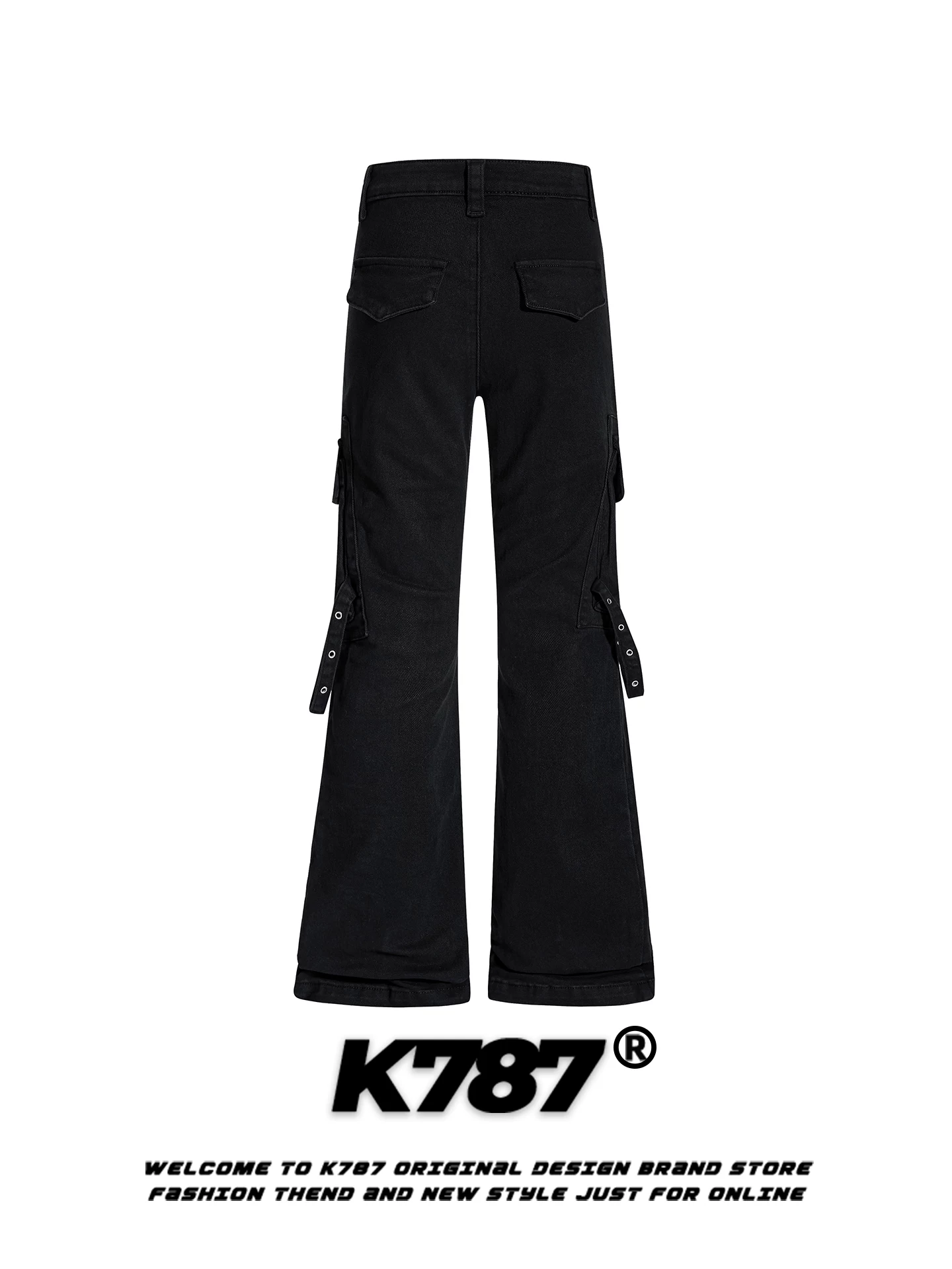 Quần jeans ống loe nhiều túi kiểu Mỹ cổ điển K787, unisex, rộng rãi, thời trang, cạp cao, phối nơ, màu đen, quần dài thường ngày
