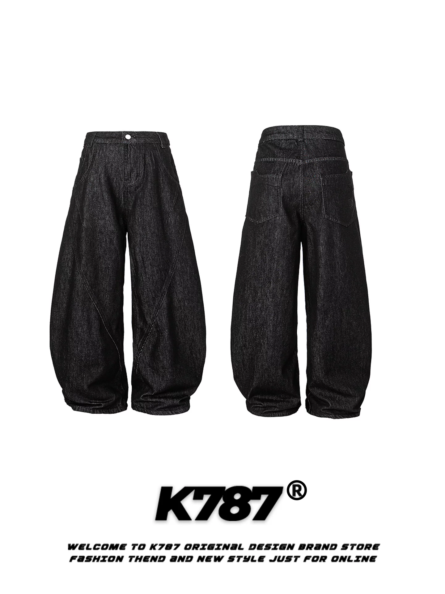 Quần ống rộng dáng chuối unisex K787 kiểu Mỹ cổ điển, màu trơn, chất liệu dày dặn, cạp cao, thiết kế phá cách, phối vải ghép.