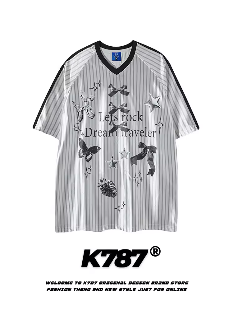 K787 Áo thun thể thao ngắn tay phong cách retro kiểu Mỹ dành cho nam và nữ, áo jersey cổ chữ V sọc, áo thun cặp đôi tay lửng rộng rãi.