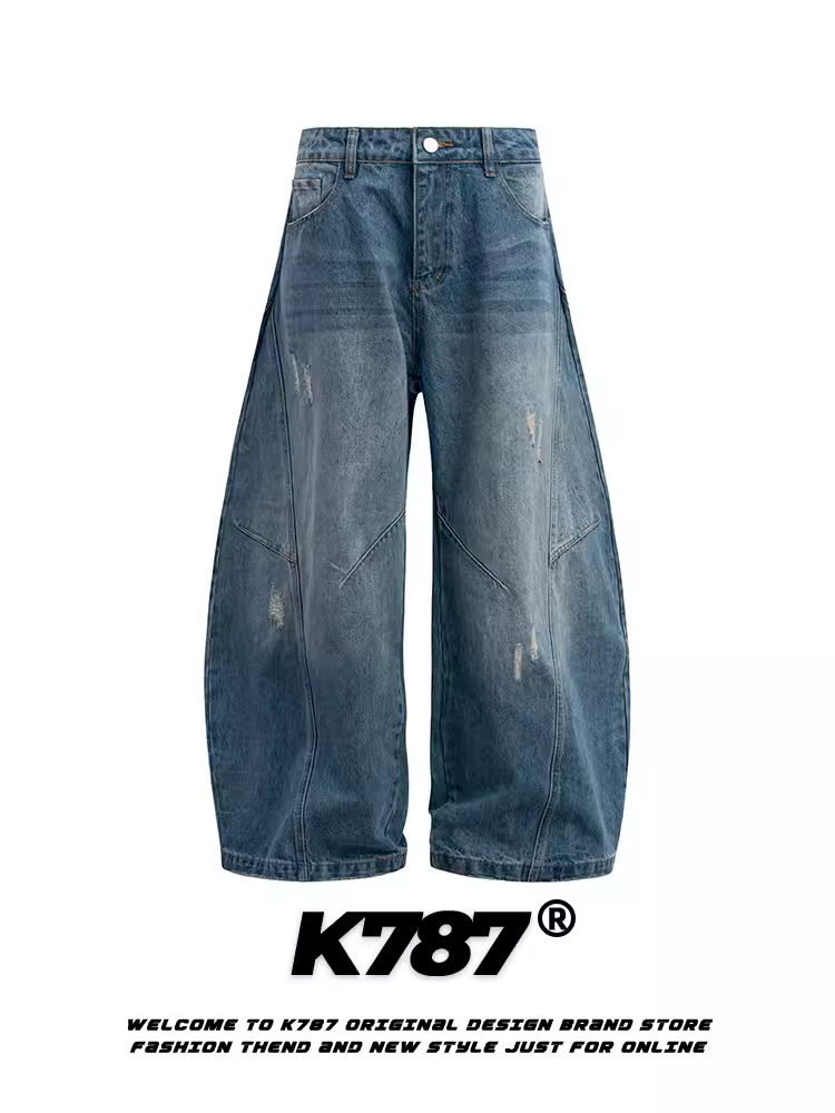 Quần jeans dáng thẳng lưng cao unisex K787 kiểu Mỹ cổ điển, xước rách, phai màu, dáng rộng, phong cách thường ngày