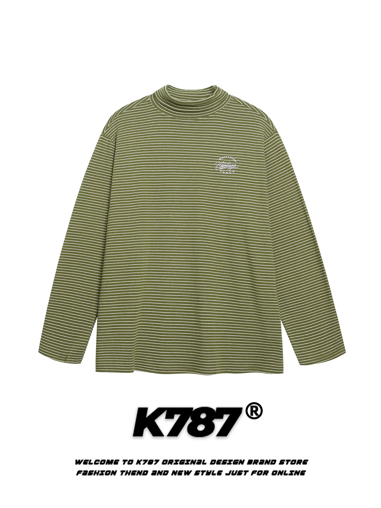 K787 Áo thun dài tay cổ cao nửa cổ kiểu Mỹ cổ điển dành cho nam và nữ có thêu chữ, áo sơ mi cơ bản dáng rộng đa năng