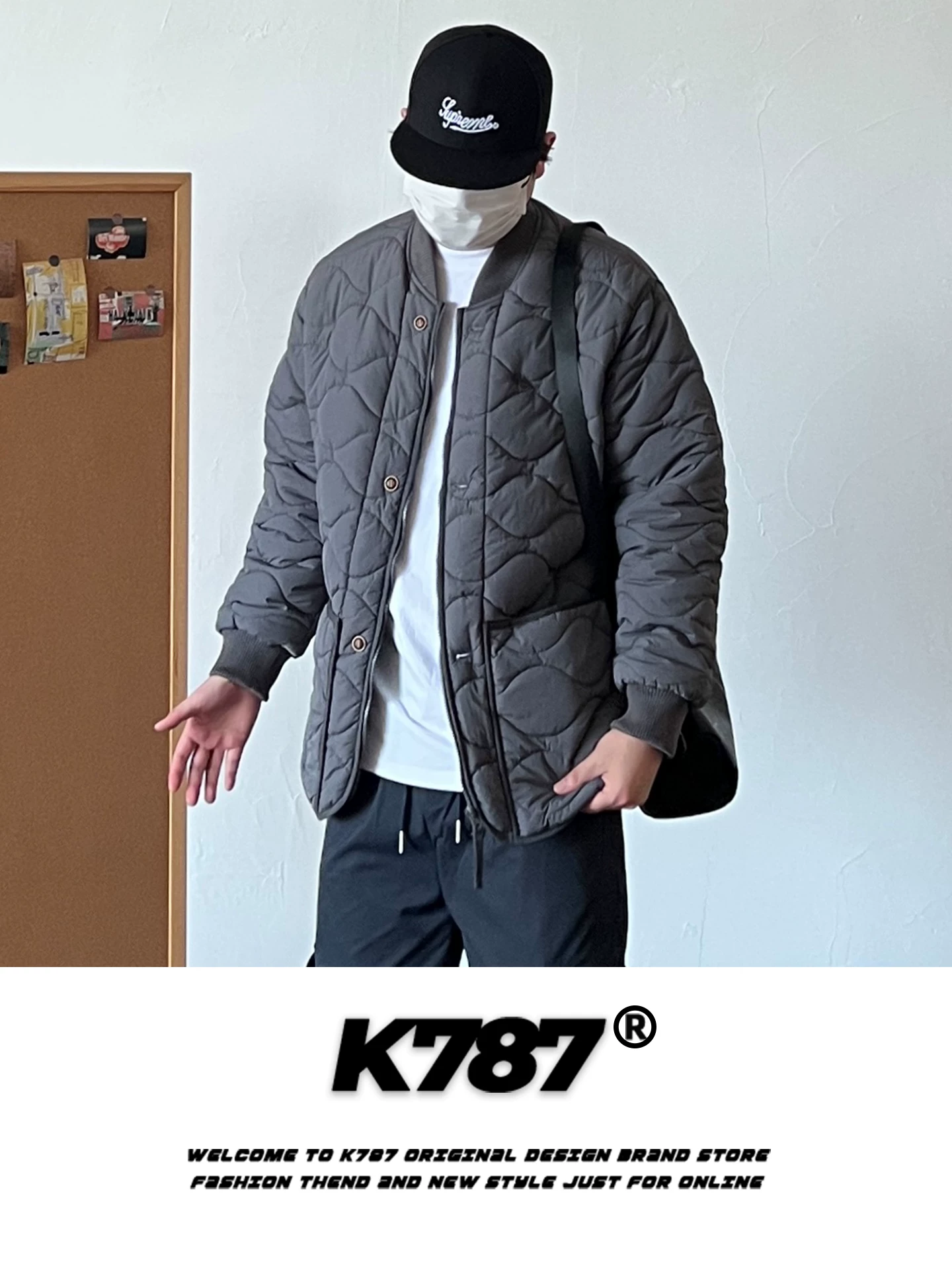 Áo khoác cotton cổ đứng họa tiết bầu kiểu Mỹ cổ điển K787 dành cho nam và nữ, dáng rộng, dày dặn giữ ấm, áo khoác cotton có khóa kéo mùa đông 2025 dành cho cặp đôi.