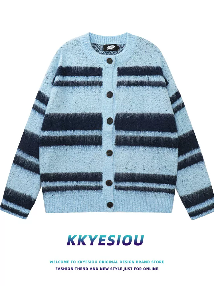 Áo cardigan dệt kim sọc phong cách retro Mỹ KKyesiou dành cho nam và nữ, áo khoác len cặp đôi mùa thu đông