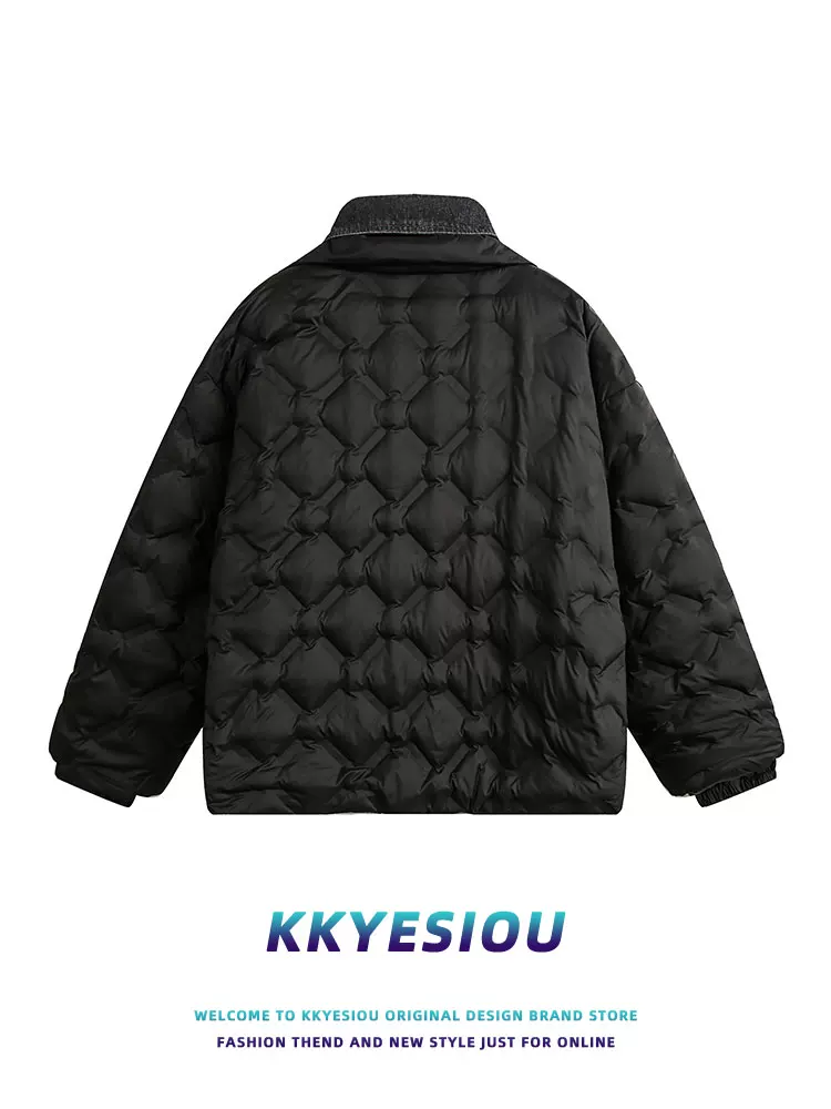 Áo khoác phao denim phối lớp cổ kép kiểu Mỹ cổ điển KKyesiou dành cho nam và nữ, áo khoác phao mùa đông 90% lông vịt trắng