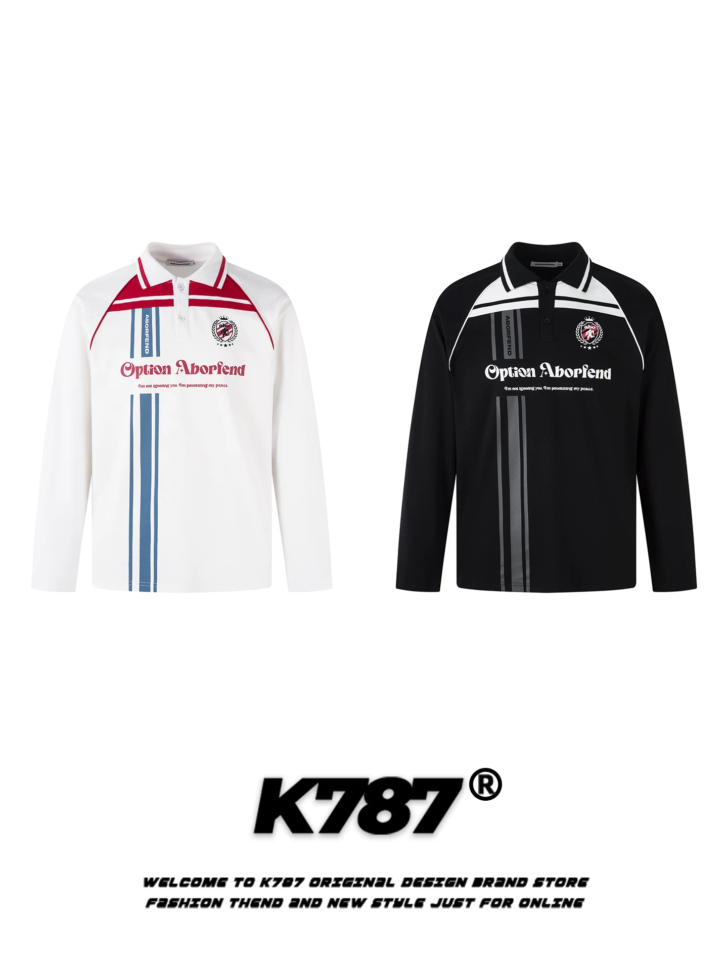 K787 Áo thun dài tay cổ polo sọc phong cách đường phố Mỹ màu khối unisex áo thể thao dáng rộng cho cặp đôi