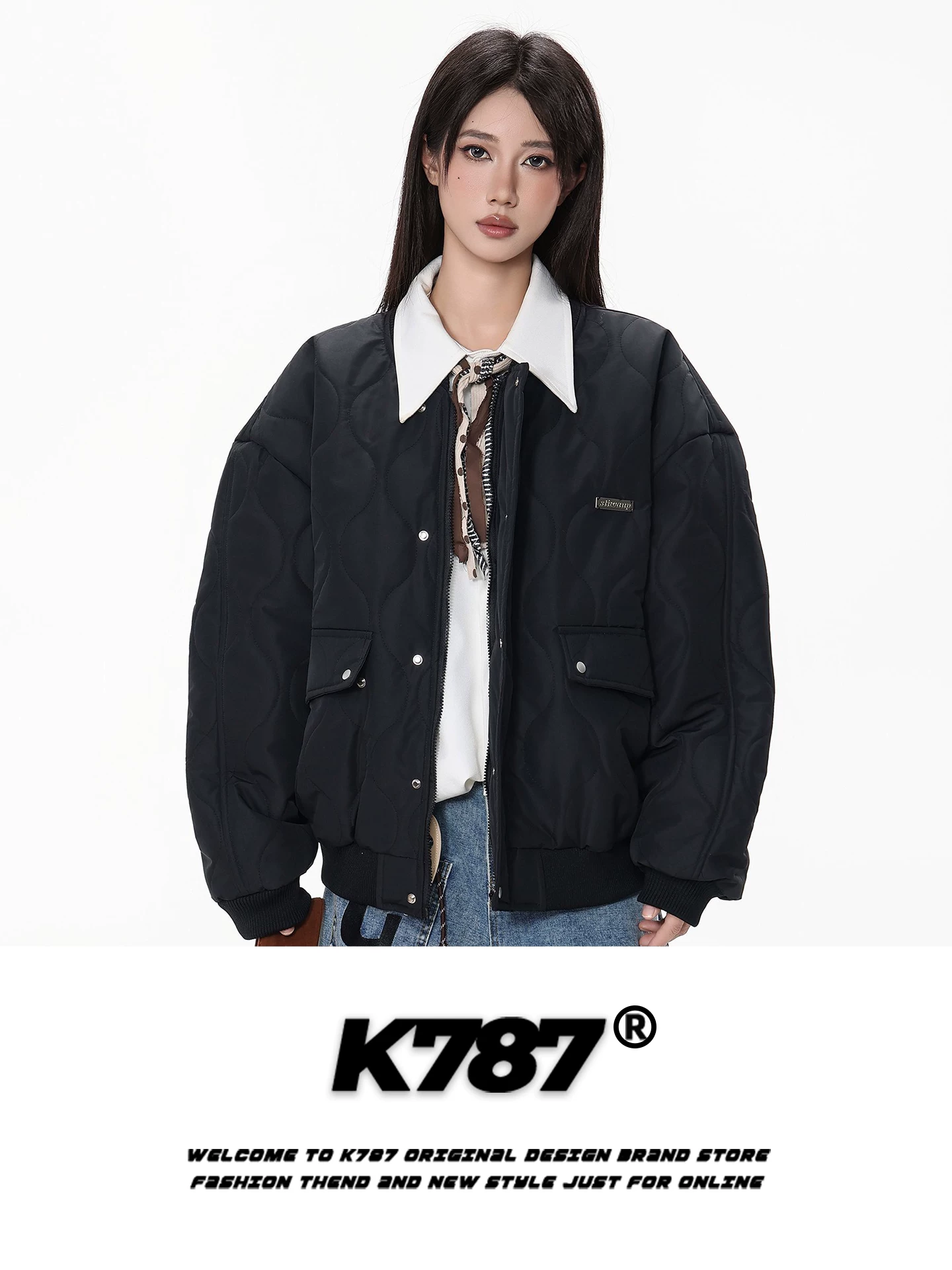 Áo khoác cotton dày có cổ đứng kiểu cổ điển kiểu Mỹ K787 dành cho nam và nữ, dáng rộng, ấm áp, áo khoác bomber có đệm thương hiệu hợp thời trang.