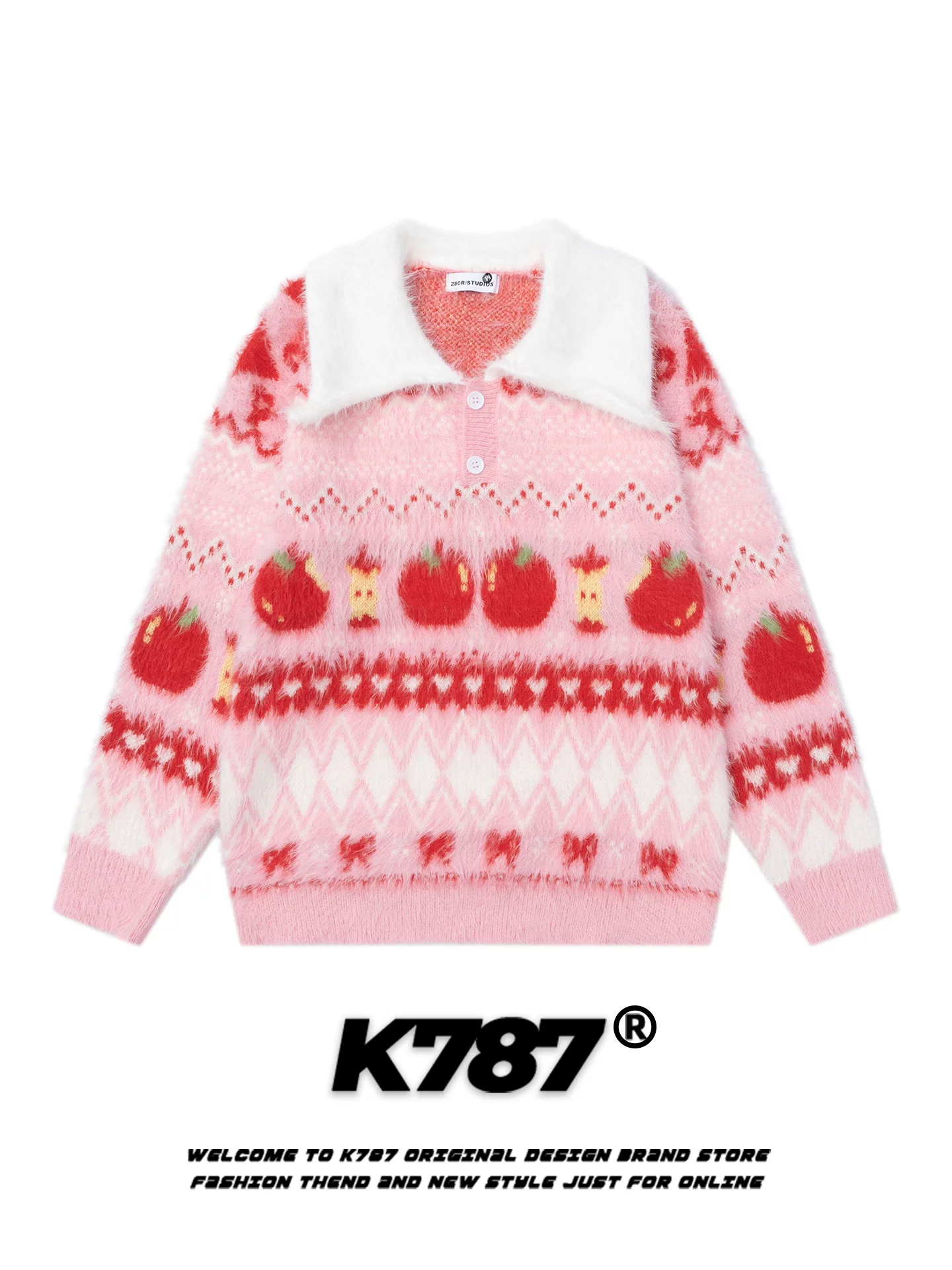 Áo len dệt kim kiểu Mỹ K787 họa tiết quả táo Fair Isle dành cho nữ, áo khoác len dáng rộng đa năng phong cách vintage, thoải mái