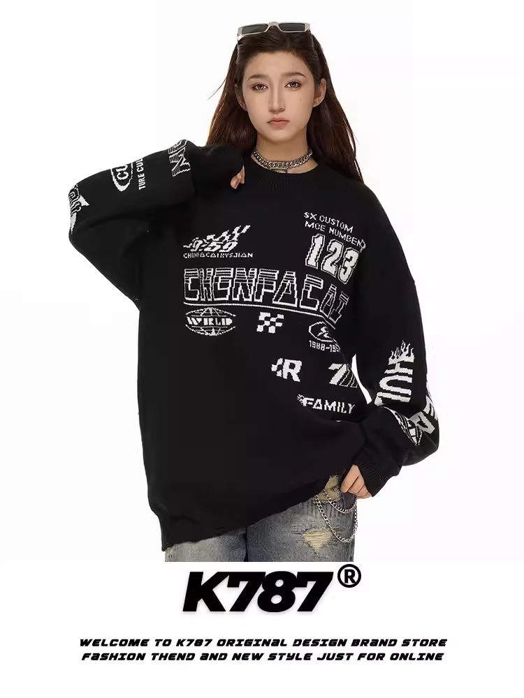 Áo len thể thao phong cách retro Mỹ K787 dành cho nam và nữ, áo cặp phối hợp đa năng, kiểu dáng thời thượng đường phố, viền rách cá tính