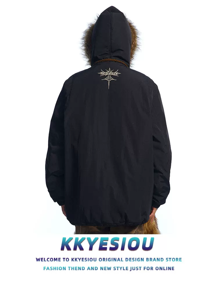 Áo khoác có mũ trùm đầu dày dặn, cổ lông thú, kiểu dáng xu hướng quốc gia mùa đông KKyesiou2024 dành cho nam và nữ, áo khoác cotton dài trung bình phong cách lười biếng