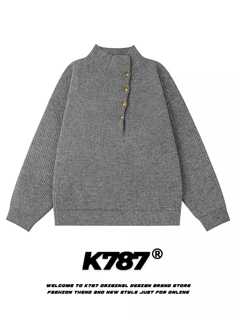 Áo len dệt kim cổ chéo phong cách retro Mỹ K787 dành cho nam và nữ, áo len cặp màu xám cổ điển, phong cách lười biếng