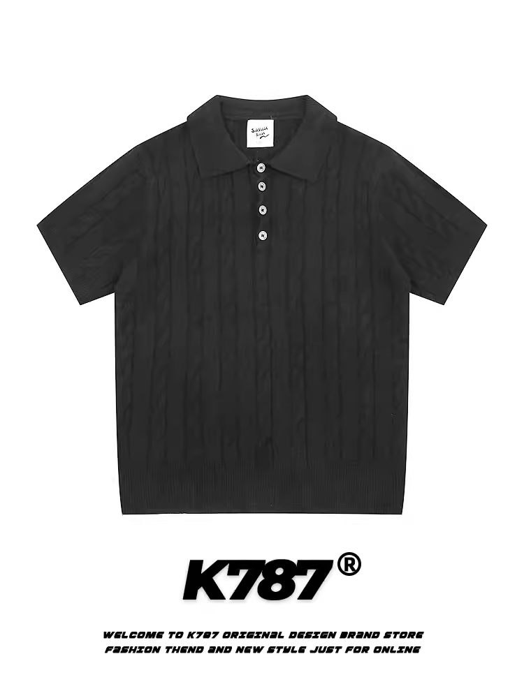 Áo thun ngắn tay cổ trụ dệt kim kiểu đường phố Mỹ K787 dành cho nam và nữ, áo POLO cổ trụ phong cách tiền cổ điển, kiểu dáng gọn gàng