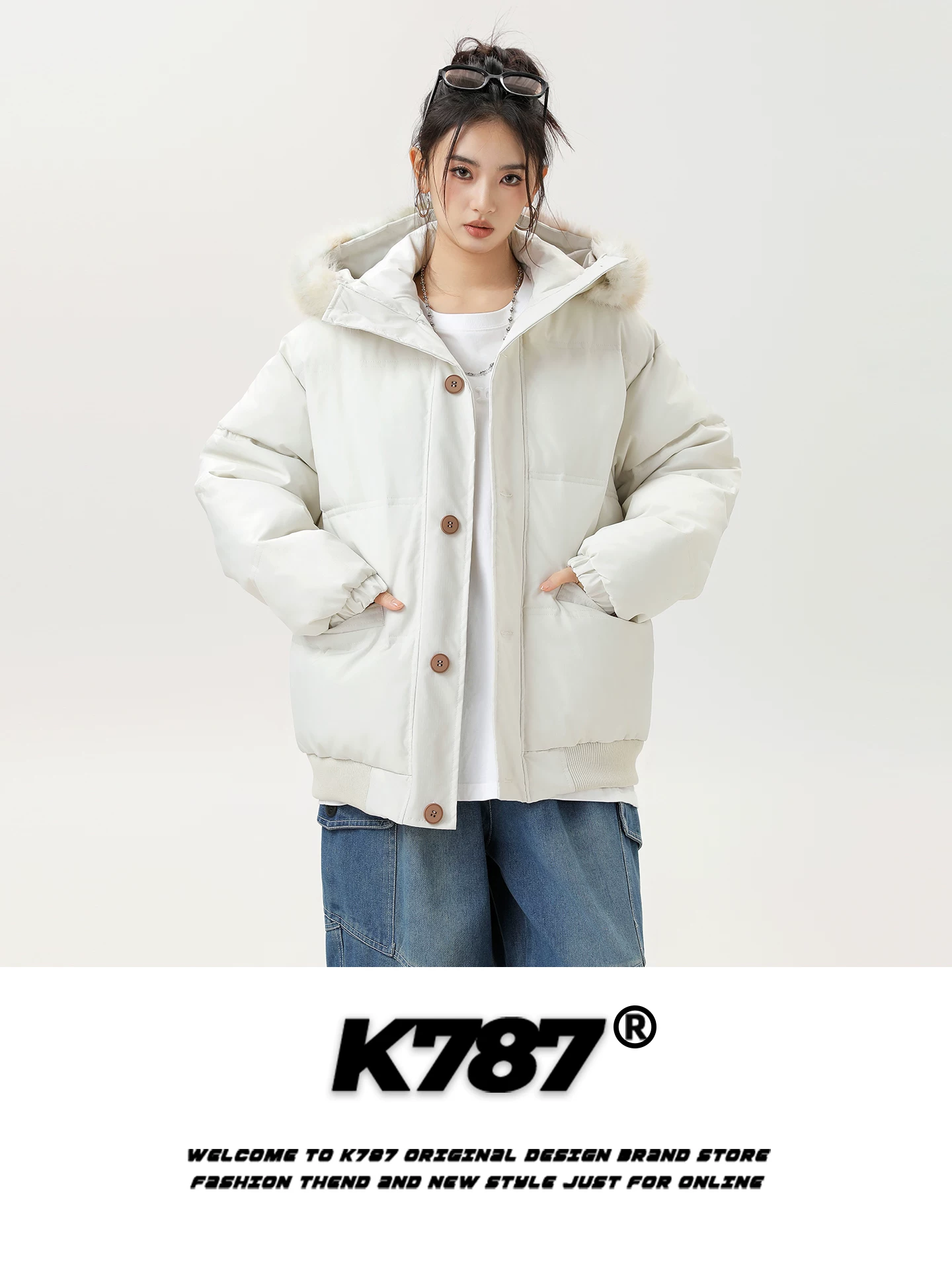Áo khoác cotton có mũ trùm đầu, cổ lông thú, kiểu dáng retro Mỹ, thương hiệu K787, dành cho nam và nữ, dáng rộng, dày dặn, ấm áp, áo khoác cotton mùa đông dành cho cặp đôi.