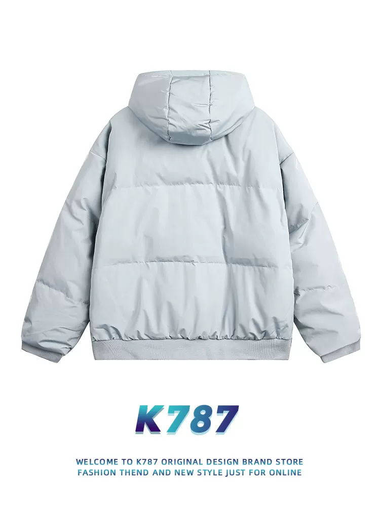 Áo khoác cotton dày dặn cổ đứng có mũ trùm đầu kiểu Mỹ cổ điển K787 mùa đông 2024 dành cho nam và nữ, áo khoác cotton cặp màu trơn theo xu hướng quốc gia.