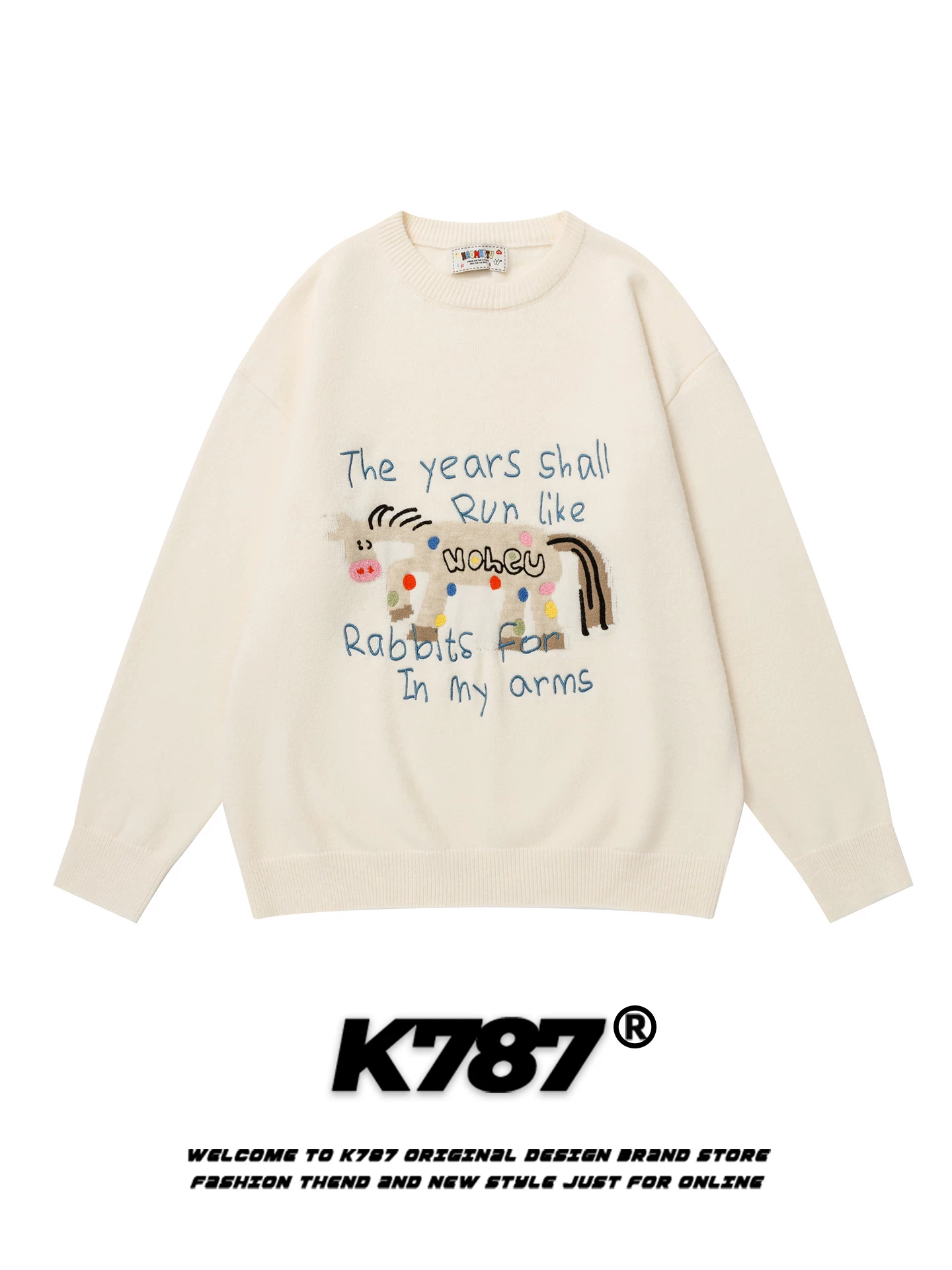 K787 Áo len jacquard hoạt hình cổ điển kiểu Mỹ dành cho nam và nữ, phong cách đại học lười biếng, trang phục dệt kim thông thường dành cho cặp đôi