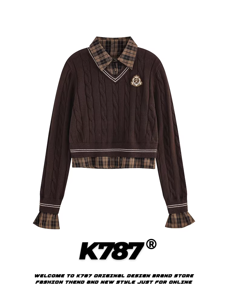 K787 Hot Girl Áo len ngắn hai mảnh giả kẻ sọc màu cà phê Áo len ngắn nữ phong cách Melard College Áo khoác dệt kim cà phê kiểu Mỹ