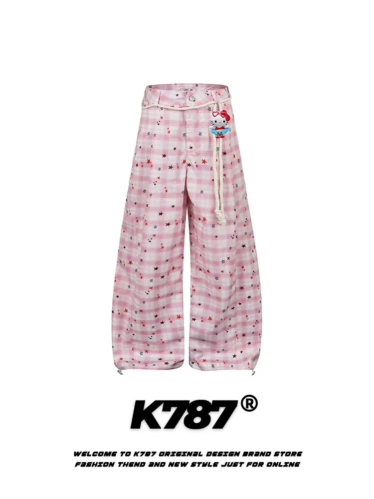 Quần âu kiểu Mỹ cổ điển K787 họa tiết hoa caro, unisex, dáng rộng, ống rộng, cạp cao, kiểu dáng xòe.
