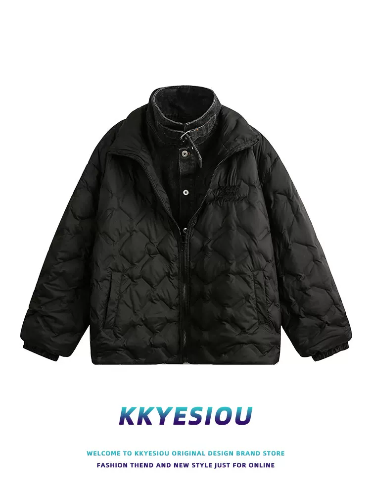 Áo khoác phao denim phối lớp cổ kép kiểu Mỹ cổ điển KKyesiou dành cho nam và nữ, áo khoác phao mùa đông 90% lông vịt trắng