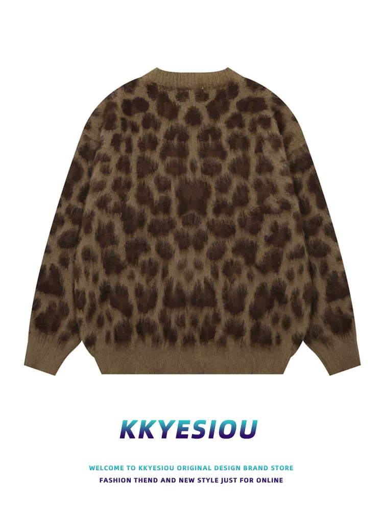 Áo cardigan dệt kim họa tiết da báo cổ điển kiểu Mỹ KKyesiou dành cho nam và nữ, áo khoác cặp đôi cao cấp phong cách lười biếng độc đáo