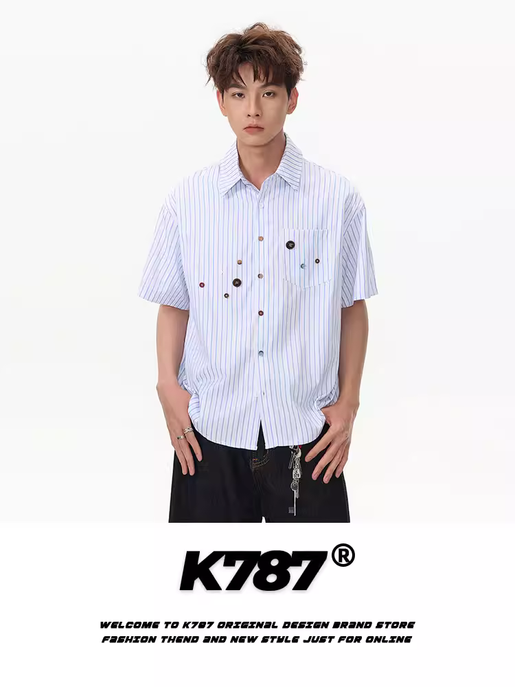 K787 Mỹ retro nút chắp vá sọc ngắn tay áo sơ mi unisex phong cách đại học đa năng giản dị cặp đôi hàng đầu mùa hè