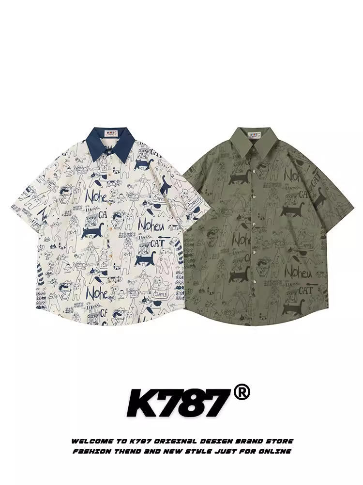 K787 Áo sơ mi ngắn tay hoạt hình cổ điển kiểu Mỹ dành cho nam và nữ cổ điển đa năng áo cặp đôi lười biếng