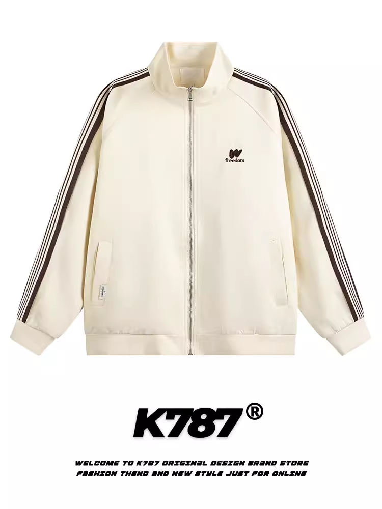 Áo khoác kẻ sọc cổ đứng phong cách retro Mỹ K787 dành cho nam và nữ, áo khoác cổ đứng thêu họa tiết đa năng, mỏng nhẹ, phong cách thường ngày dành cho cặp đôi