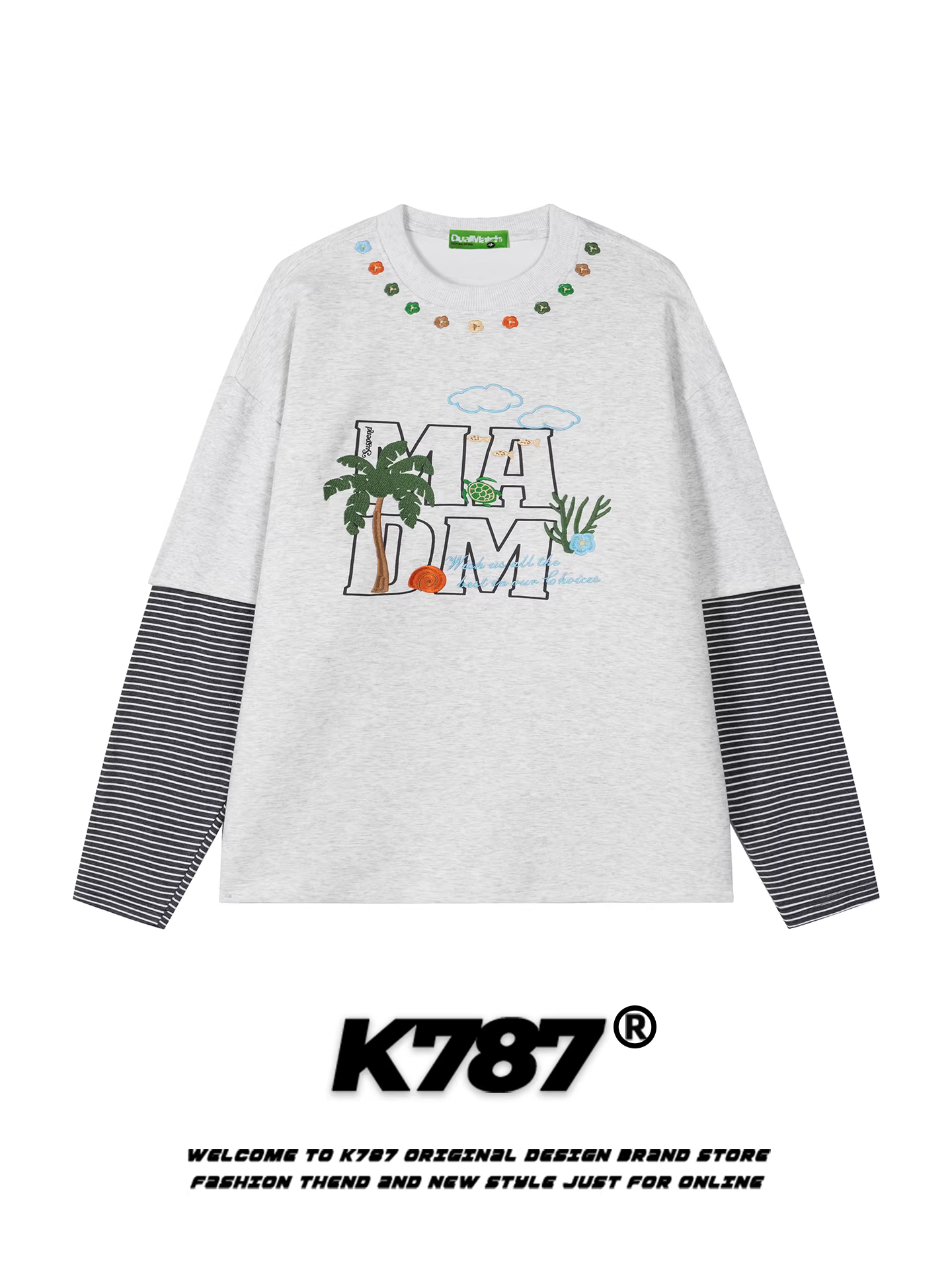 Áo thun dài tay in chữ cây dừa cổ điển kiểu Mỹ K787 dành cho nam và nữ, áo dáng rộng phối sọc giả hai mảnh cho mùa thu.