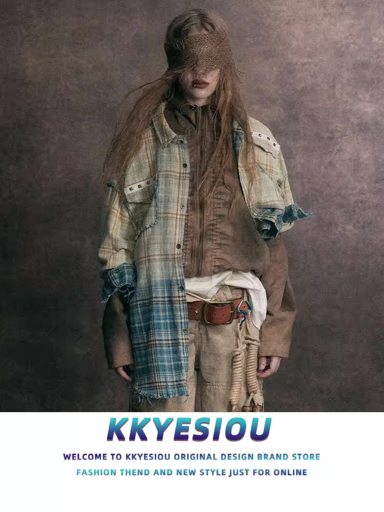 Áo sơ mi dài tay kiểu Mỹ cổ điển, kẻ caro, phối màu gradient, phong cách thường ngày, dành cho nam và nữ, viền xù, kiểu áo khoác đôi.