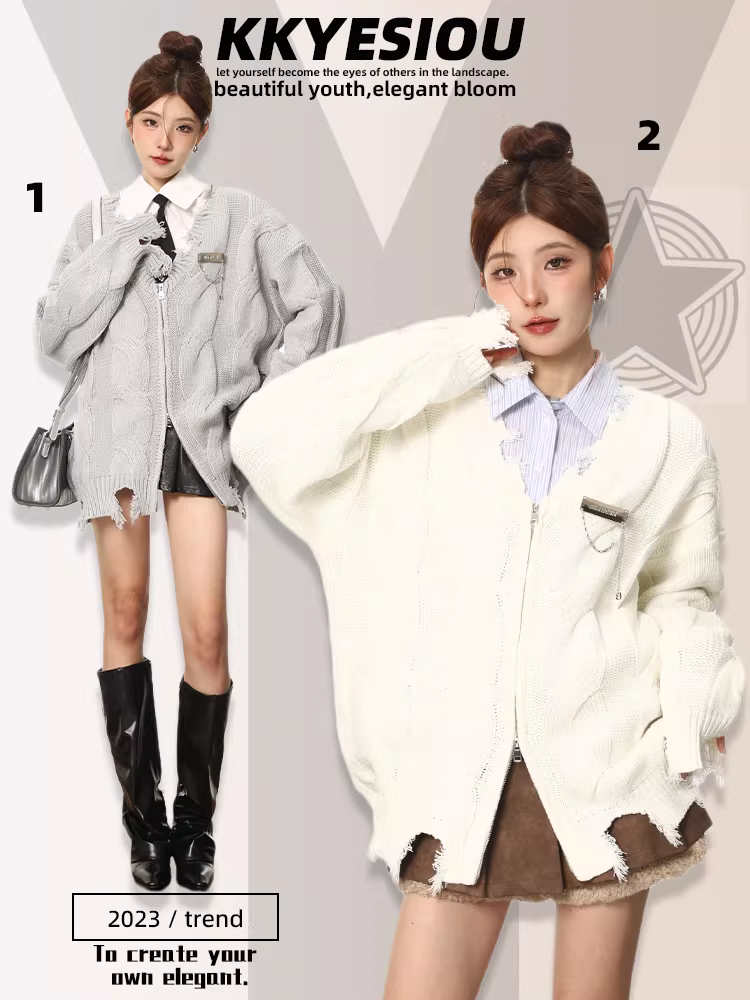 Áo len nữ K787 kiểu Mỹ cổ điển, màu xám xước, dáng rộng, phong cách lười biếng, chất liệu dệt kim dày, có khóa kéo.