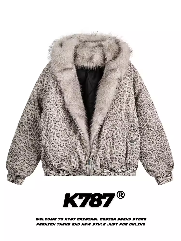 Áo khoác cotton dày dặn cổ lông phong cách Mỹ cổ điển K787, họa tiết báo đốm, unisex, mùa đông 2025, có mũ, dành cho cặp đôi