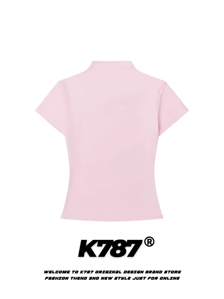 Áo thun ngắn tay kiểu K787 phong cách girl cá tính, cổ đứng, phong cách BM, ôm eo, thuần khiết gợi cảm, đa năng phong cách Y2K, trang trí đá lấp lánh.