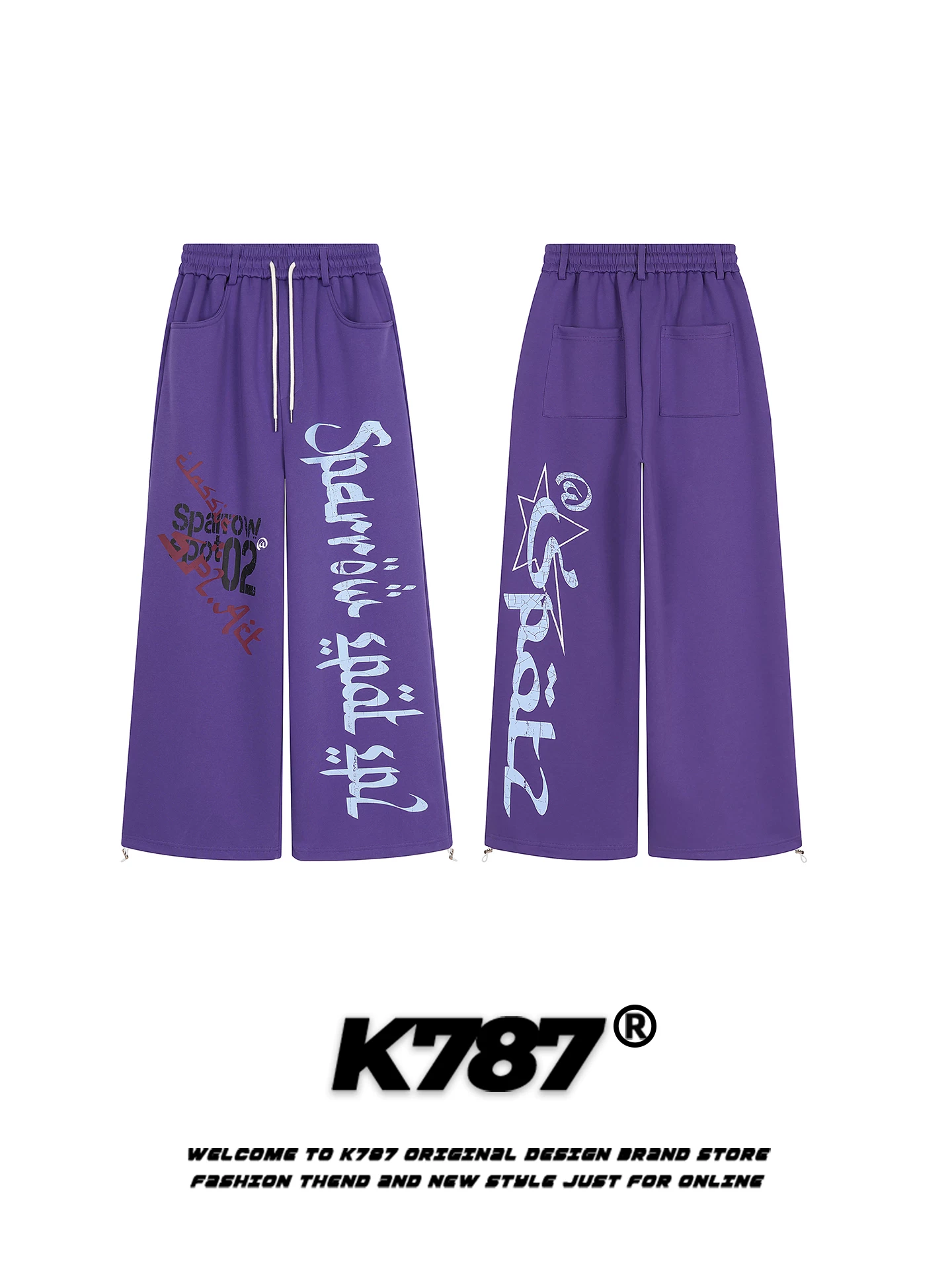 Quần jogger unisex chất liệu nỉ in chữ kiểu Mỹ cổ điển K787, dáng rộng, cạp chun, màu tím, ống thẳng