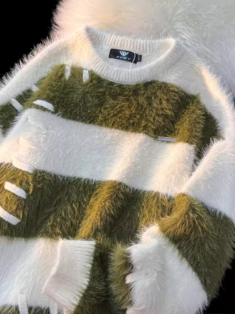 Áo len dệt kim nhung mink thêu sọc kiểu lười KKyesiou dành cho nam và nữ, phong cách retro Mỹ, áo đôi lông xù