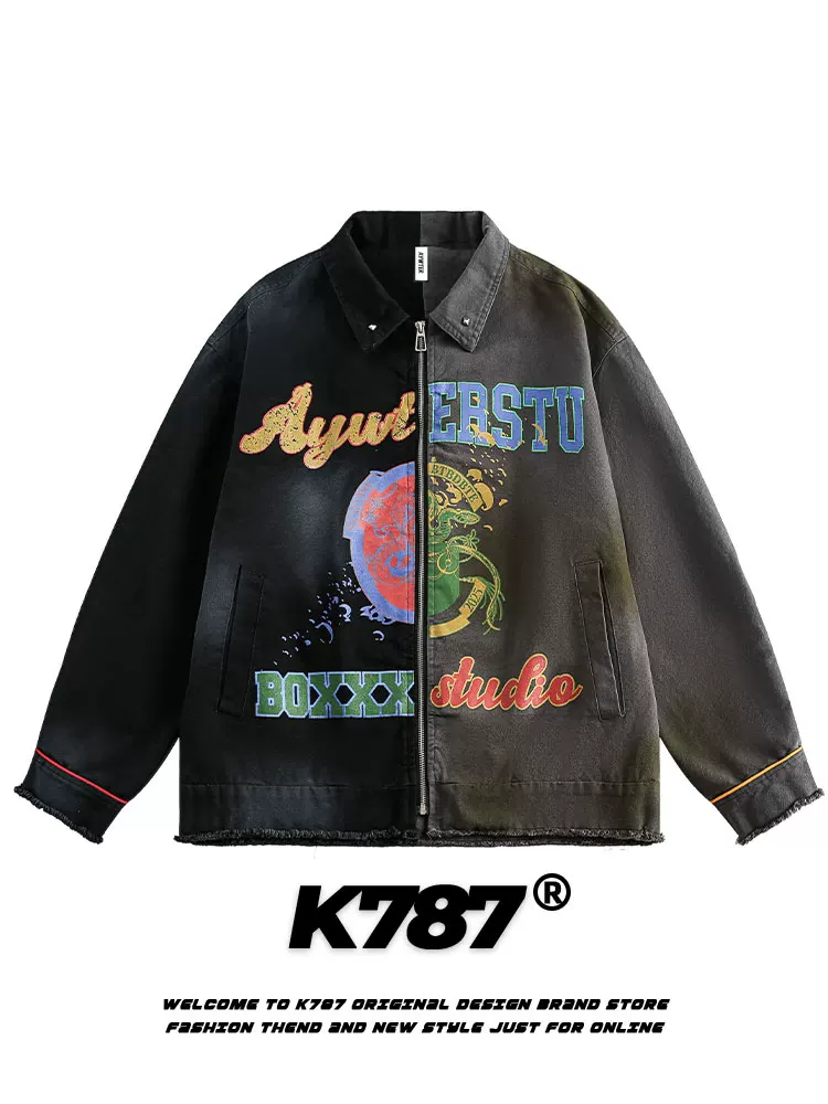 K787 Áo khoác denim màu khối bất đối xứng theo xu hướng cổ điển của Mỹ, áo khoác denim unisex thiết kế thích hợp dành cho cặp đôi