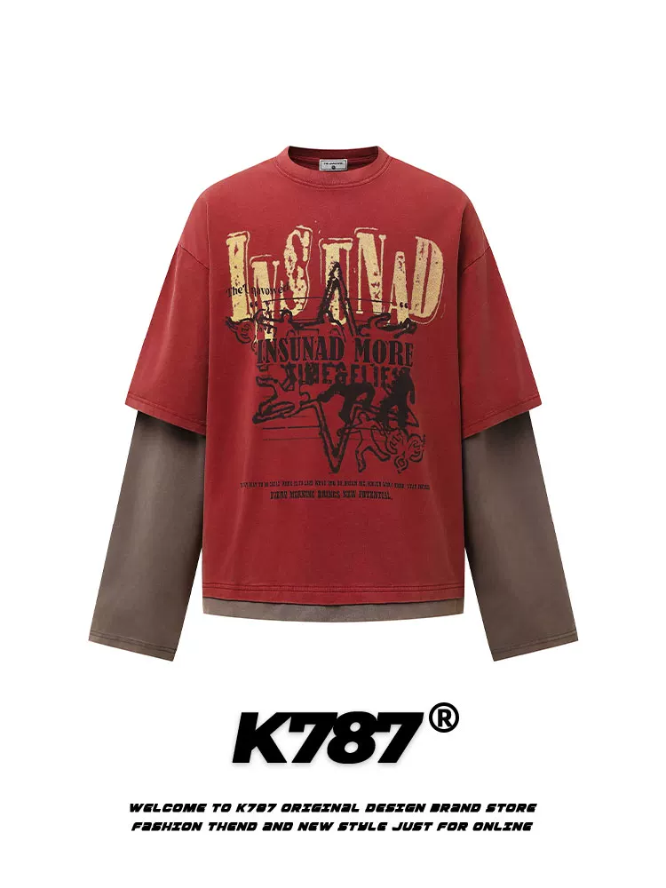 Áo thun dài tay in chữ kiểu Mỹ cổ điển K787 dành cho nam, áo thể thao giả hai mảnh phong cách hip-hop rộng rãi, thoải mái
