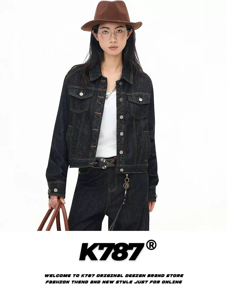 Áo khoác denim kiểu đường phố Mỹ K787, đường may lộ, thương hiệu thời trang unisex, áo khoác ngắn đa năng