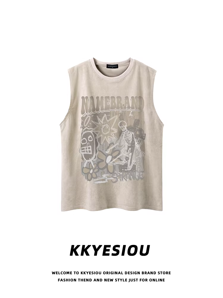 Áo vest da lộn unisex phong cách retro Mỹ thời thượng, áo thun in hình hip-hop cặp đôi mùa hè