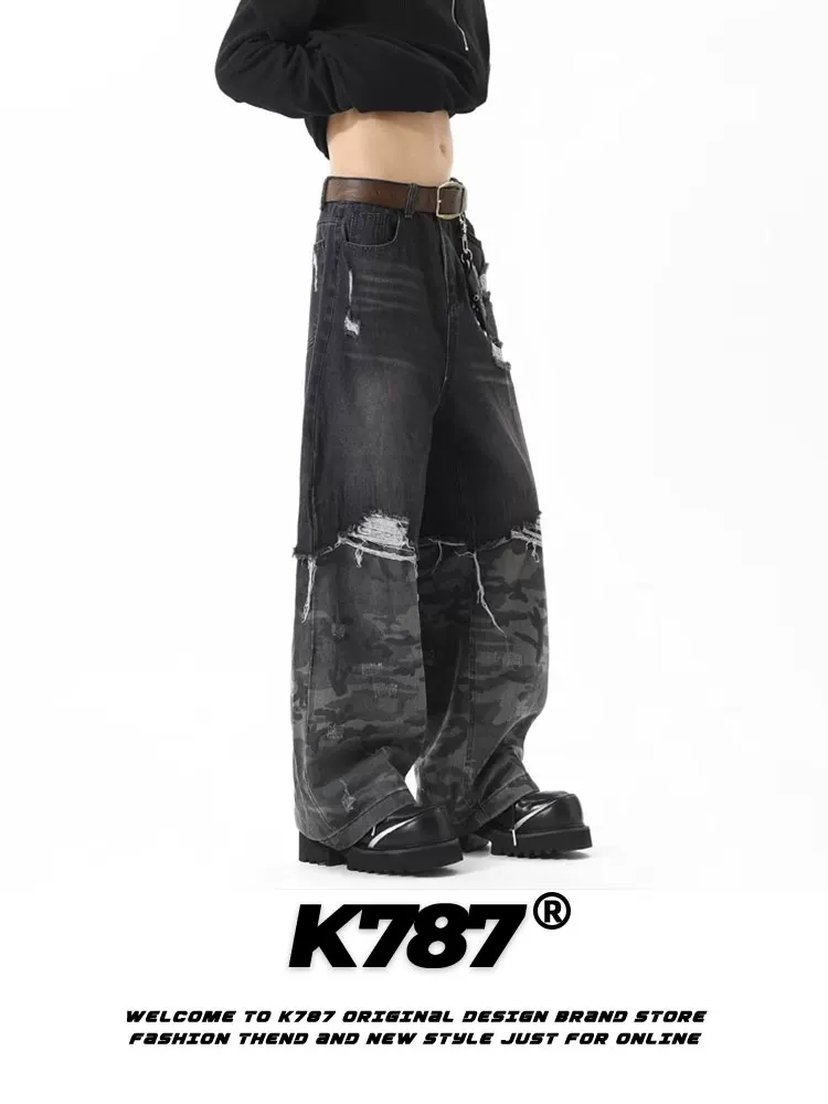 Quần jeans ống thẳng kiểu dáng casual phối họa tiết hip-hop Mỹ K787, thiết kế giả hai mảnh, họa tiết rằn ri, thêu nổi, dành cho nam và nữ.