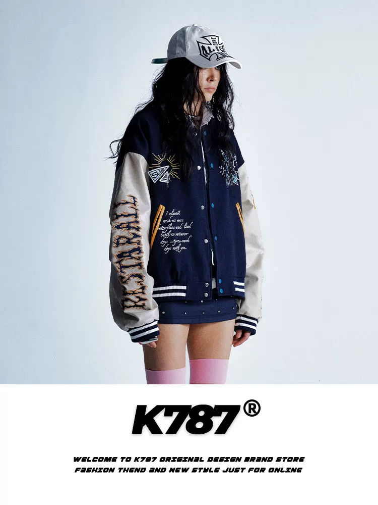 Áo khoác bomber unisex phong cách retro Mỹ, thêu nặng, phối vải, kiểu dáng thể thao, hip-hop, thời thượng.