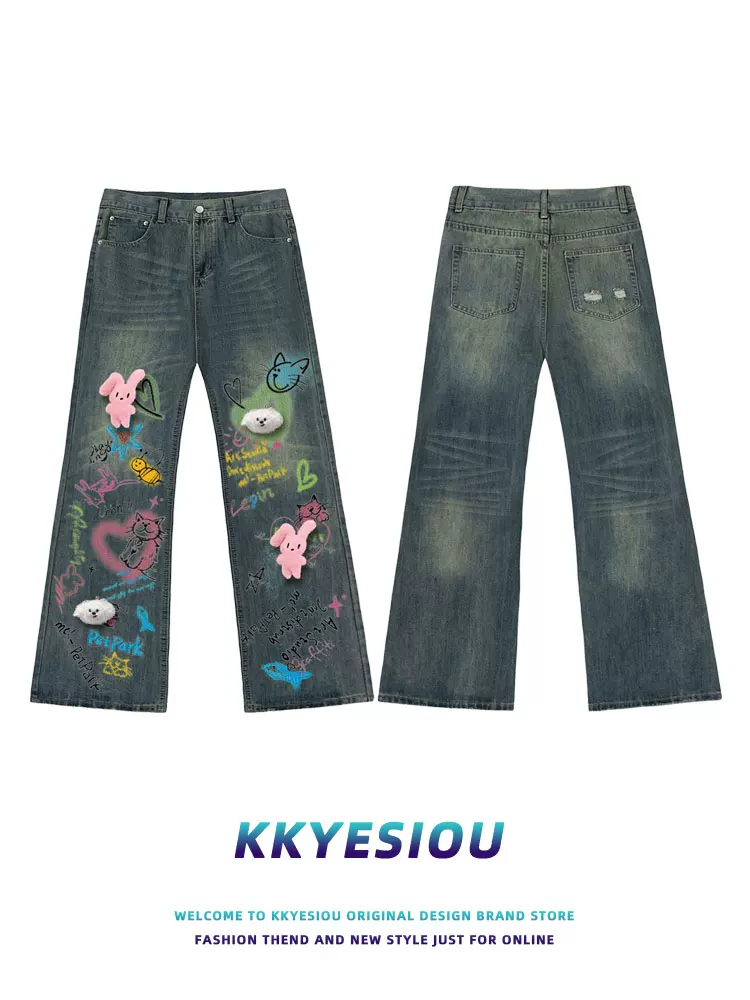 KKyesiou dopamine hoạt hình dễ thương chắp vá quần denim giản dị unisex phong cách retro Mỹ thương hiệu hợp thời trang dễ thương chân thẳng