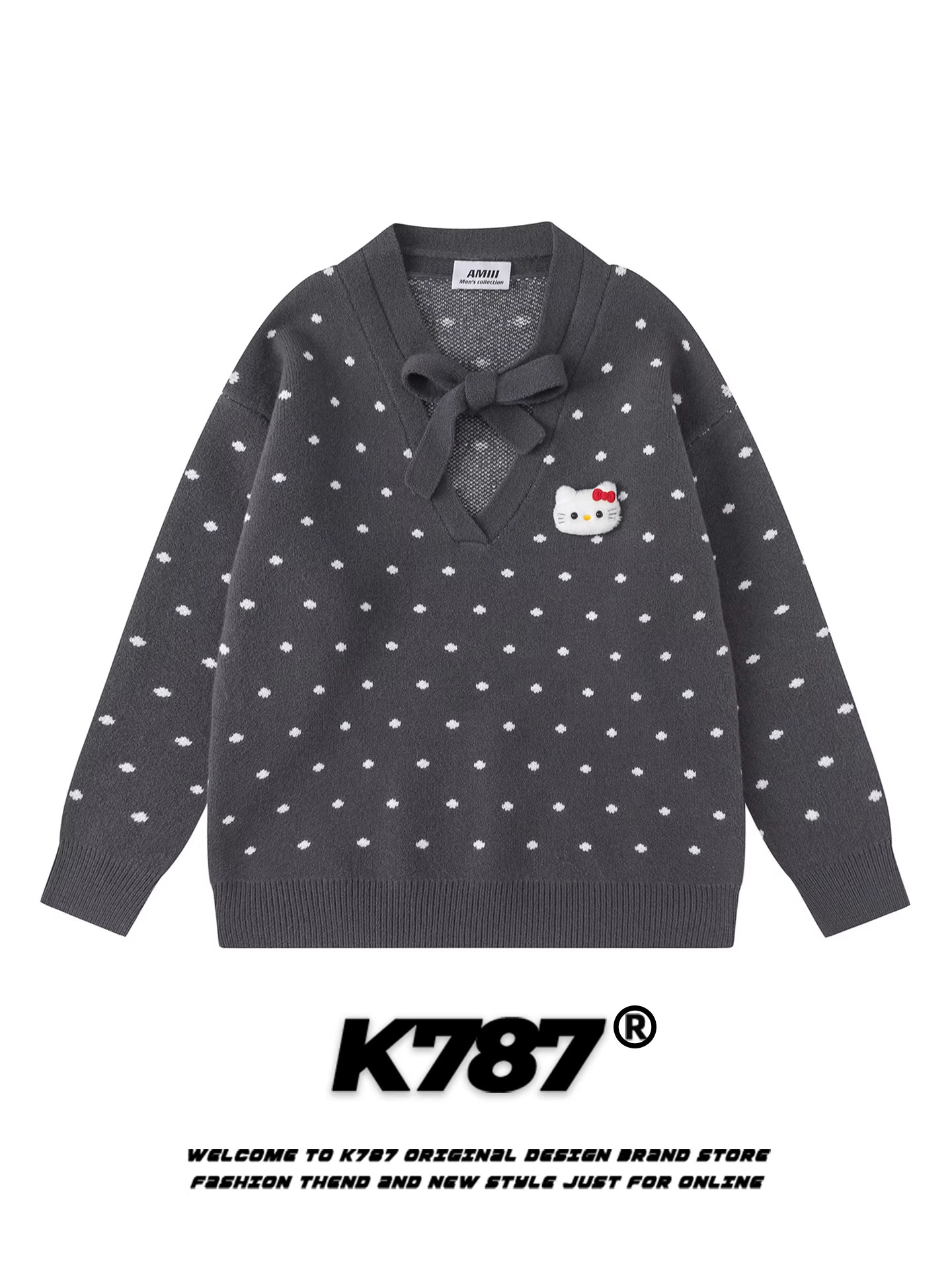 Áo len dệt kim chấm bi 3D kiểu Nhật PBB dành cho nữ, cổ chữ V, phối dây đỏ, phong cách preppy, dáng rộng