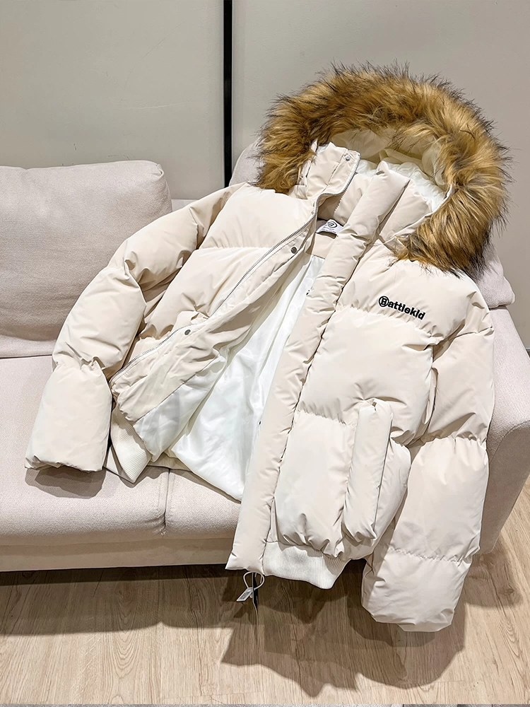 Áo khoác cotton dày dặn kiểu Mỹ cổ lông retro, may chần bông, có mũ trùm đầu, giữ ấm mùa đông 2024 dành cho nam và nữ, mã K787