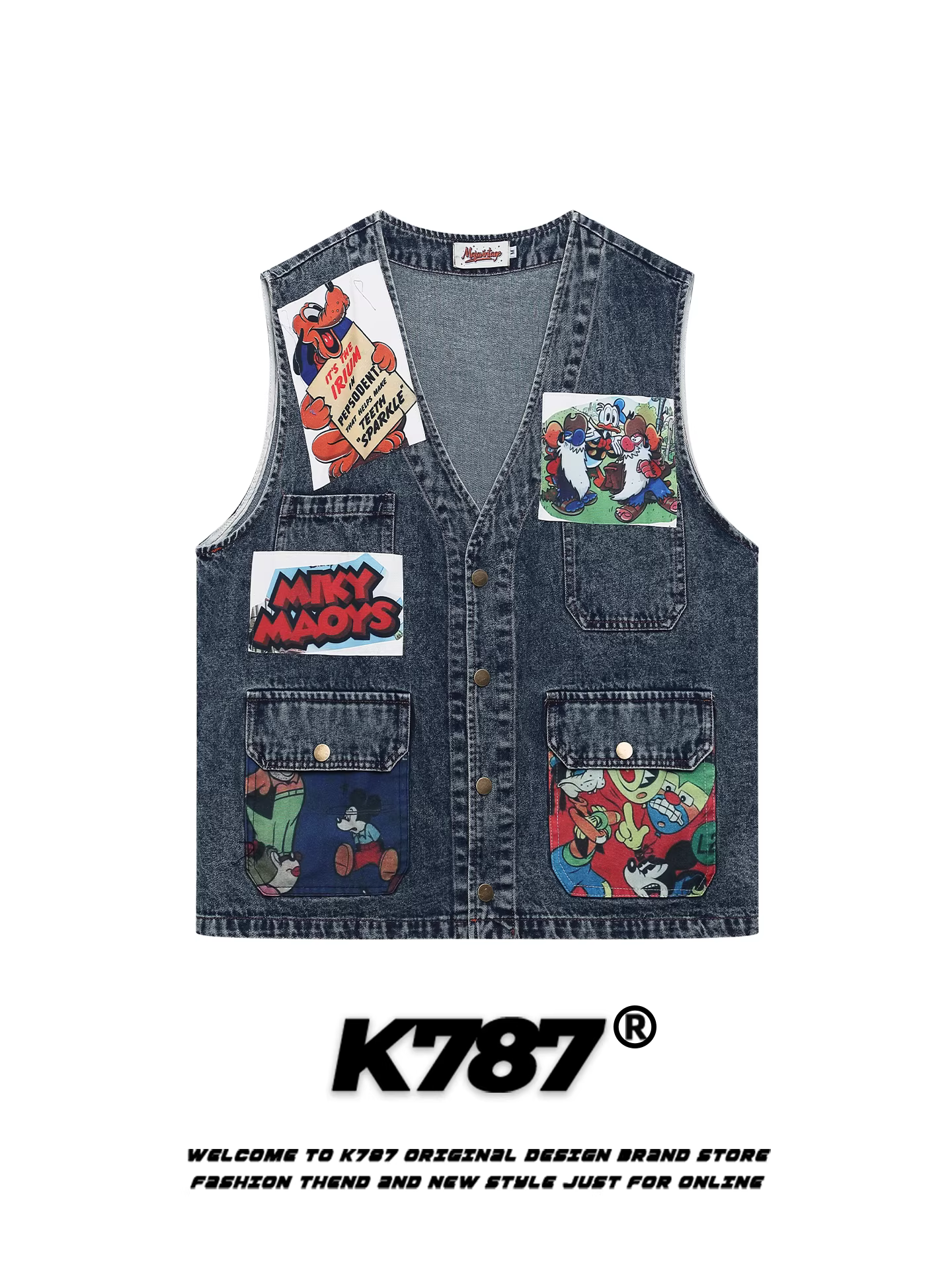 Áo vest denim chắp vá cổ điển kiểu Mỹ K787 dành cho nam và nữ, xu hướng quốc gia, áo khoác không tay nhiều lớp được giặt và làm cũ