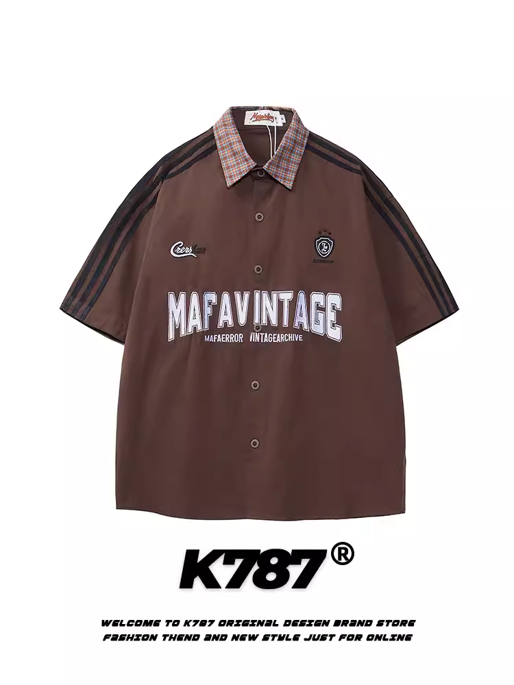 K787 Áo sơ mi ngắn tay in họa tiết kẻ sọc cổ điển kiểu Mỹ dành cho nam và nữ cổ điển đường phố cao cấp đa năng áo đôi