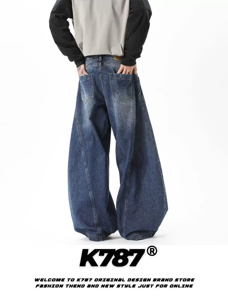 Quần jeans K787 kiểu Mỹ cổ điển, xước mài, unisex, dáng rộng, đa năng, cạp cao, kiểu dáng thanh lịch.