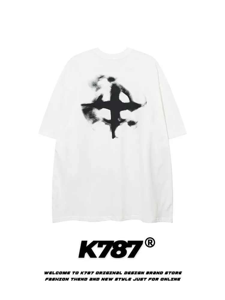 K787 Áo thun ngắn tay phong cách hip-hop retro Mỹ dành cho nam và nữ áo thun dáng rộng dáng rộng thông thường