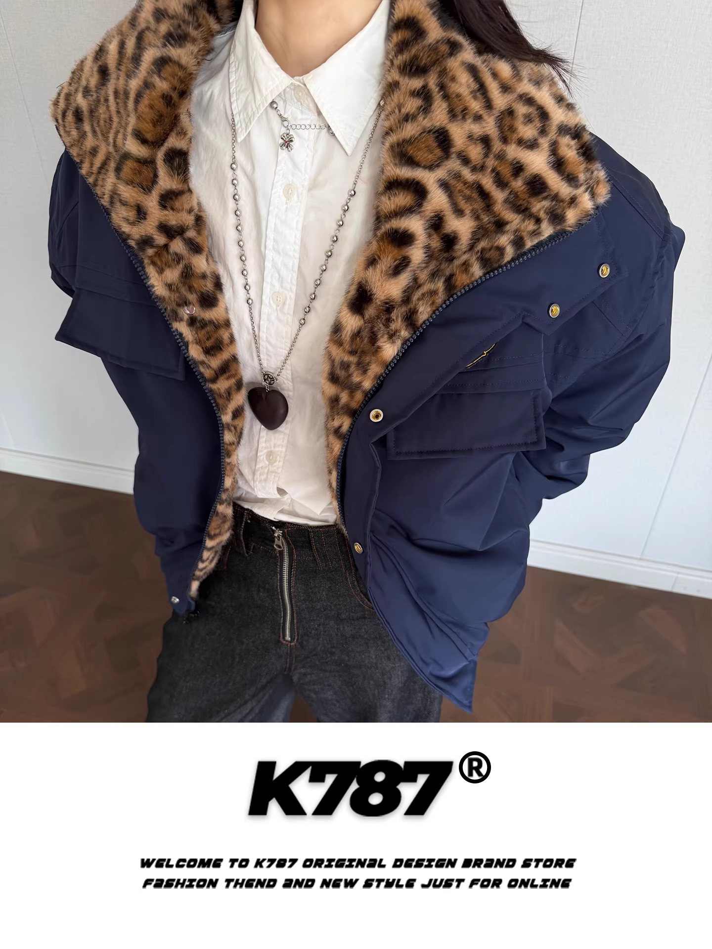 Áo khoác cotton kiểu dáng cổ điển Mỹ K787 in họa tiết da báo dành cho nam và nữ, áo khoác cotton dày dặn, ấm áp, có đệm.