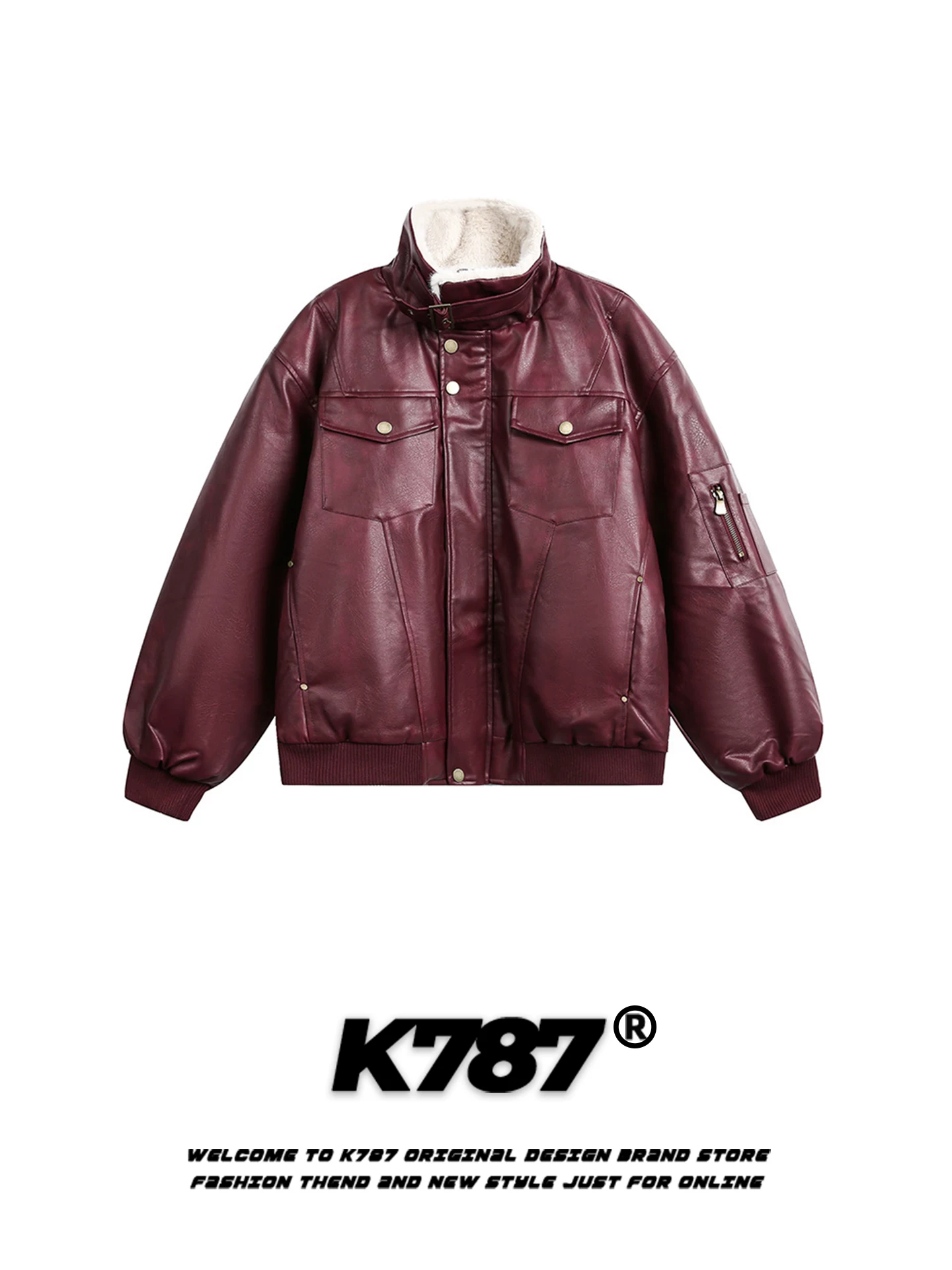 Áo khoác cotton unisex dáng rộng phong cách retro Mỹ K787 chất liệu da PU phối vải kiểu dáng cổ đứng, thiết kế độc đáo, ấm áp, thời trang, dành cho cặp đôi.